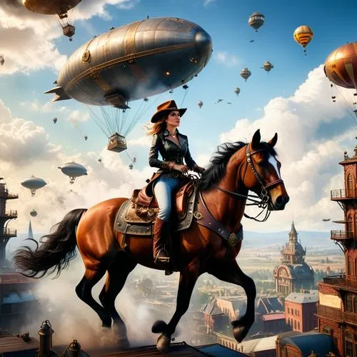 Ein Cowgirl das auf einem Pferd gemächlich durch eine Steampunk Metropole reitet und hin und wieder einige der Pasagier und Frachtzeppeline sowohl an den Landeplätzen am boden als auch jene die am him