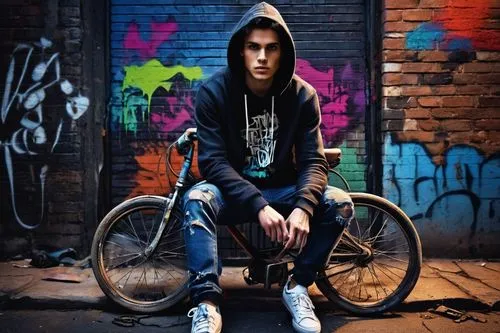 Scary graffiti, urban alleyway, dark night, dim streetlight, broken brick wall, ripped paper posters, torn wire mesh, old rusty bike chained, worn-out sneakers, faded denim jeans, black hoodie, messy 