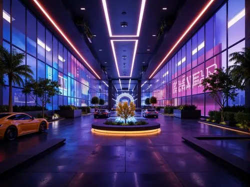 futuristic art museum,car showroom,lobby,luxehills,nightclub,hotel riviera,intercontinental,hkmiami,cybercity,galleria,dubai,miami,neon arrows,malls,fantasy city,neon,neon lights,riviera,hotel lobby,luxe