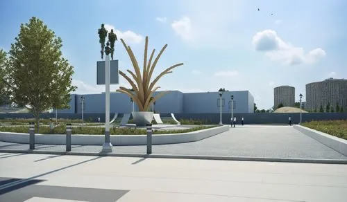 An Architectural rendering of A street with sculptural park to the right,a modern design of a street scene, with building behind,9 11 memorial,k13 submarine memorial park,heroes ' square,plaza de la r