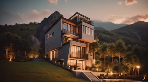 cubic house,house in mountains,house in the mountains,eco hotel,cube stilt houses,eco-construction,timber house,modern house,modern architecture,3d rendering,wooden house,chalet,smart house,hanging ho