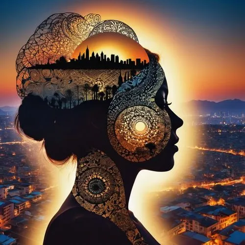 Double exposure. Main image is the silhouette of a woman's head, inside the silhouette is a beautiful city landscape at sunset: Double exposure, photorealistic, metallic and dark colored background, F