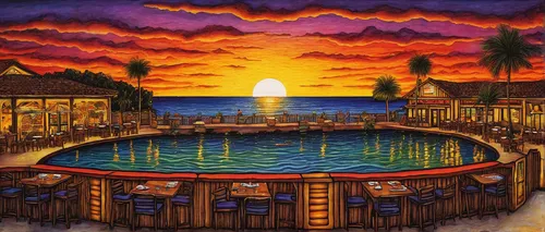 beach restaurant,seaside resort,beach bar,tropical island,lake of fire,resort town,floating huts,artificial island,floating islands,delight island,pool bar,java island,volcano pool,artificial islands,polynesia,resort,sunset beach,south seas,sun of jamaica,flying island,Art,Classical Oil Painting,Classical Oil Painting 28