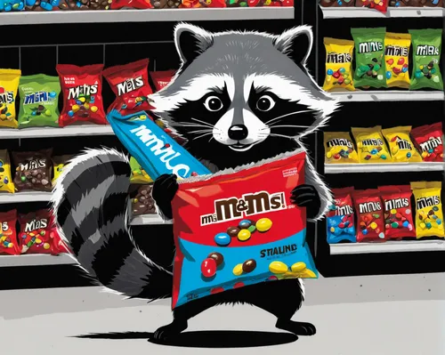 A raccoon stealing a packet of M&Ms from a local store.,raccoons,north american raccoon,raccoon,snack food,cartoon chips,snacks,lemur,mustelid,trail mix,licorice,small animal food,snack,food group,mix