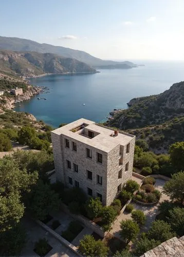 Modern Aramaic Castle on the coast,the house is on top of a cliff by the water,spinalonga,tilos,lastovo,kajaki,halki,lycian