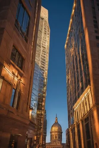 Denver cityscape, urban skyscraper, modern architecture, sleek glass surfaces, metallic frames, angular lines, abstract reflections, dramatic shadows, evening time, warm orange lighting, low-angle sho