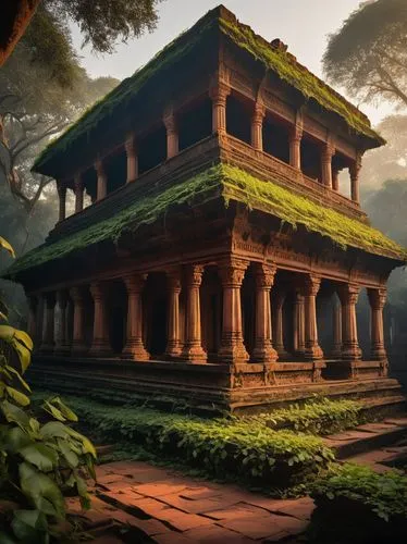 Ancient Indian Gupta Dynasty architecture, intricate carvings, ornate pillars, toranas, shikhara temples, erotic sculptures, red sandstone, weathered stone walls, crumbling ruins, overgrown with vines