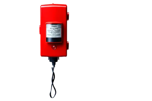 Fire alarm sound, loud siren, red light flashing, metallic box shape, white background, close-up shot, high contrast, dramatic lighting, shallow depth of field, dynamic composition.,an electrical devi