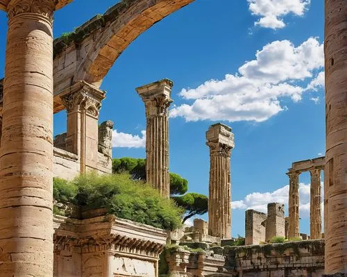 celsus library,jerash,dougga,ephesus,celsus,roman columns,volubilis,segesta,doric columns,foro romano,caesonia,baalbek,hierapolis,capitolium,temple of diana,colonnades,roman forum,roman ruins,leptis,peristyle,Illustration,Retro,Retro 24