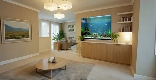 classic style sitting room with wall to wall carpet, wall cabinet with see through fish tank and shelves on the side looking into informal living area with sofa and side table ,mudroom,hallway space,m