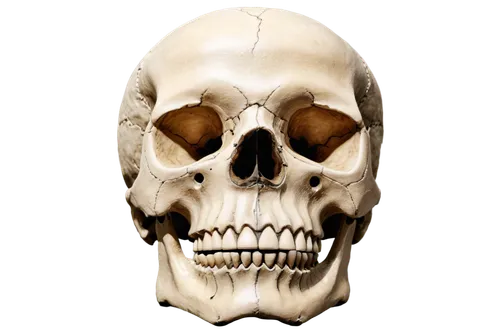 Skull, transparent background, solo, detailed texture, white bone, eye sockets, nose cavity, mouth gap, black background, 3D effect, high-contrast lighting, dramatic shadows, frontal view, centered co