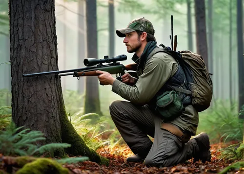 hunter in camouflage, aiming rifle, (30yo), focused expression, stubble, brown hair, forest green cap, waterproof boots, hunting vest with pockets, kneeling position, dense forest, early morning mist,