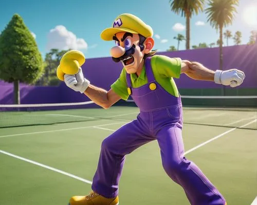 Waluigi, realistic, Luigi's rival, lean build, purple hat, yellow shirt, blue overalls, angry expression, clenched fists, standing, Mario Tennis court, green grass, sunny day, clear sky, palm trees, d