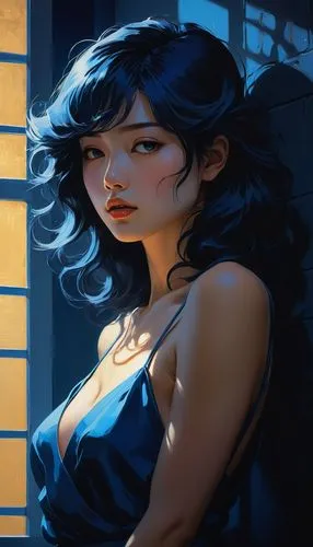 Create an intense, evocative portrait in the Japanese retro anime style of the 80s and 90s. The scene features a woman bathed in deep blue light, leaning against a wall with her arms raised, eyes clos