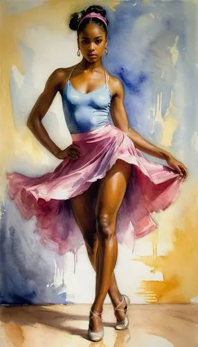 beautiful female dancer, dressed in a sexy attire for dance class; waterpainting style,danseuse,ballerina girl,ballet tutu,ballet dancer,dancer,watercolor pin up,dance with canvases,little girl twirli