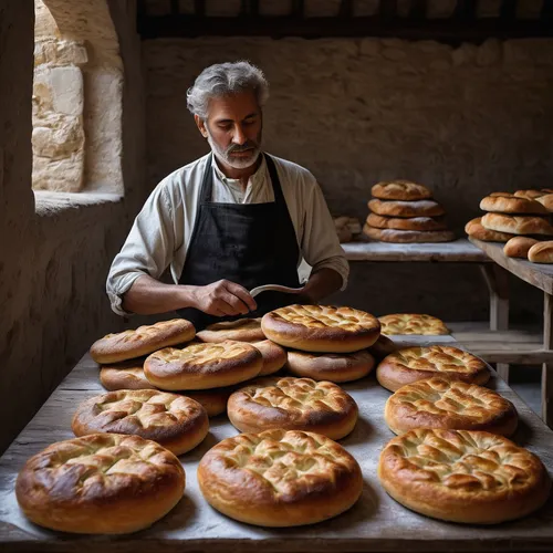 Compose a poetic description of a rustic village bakery where the aroma of freshly baked focaccia fills the air.,kolach,khachapuri,pane carasau,börek,sicilian cuisine,focaccia,pane,bağlama,ciambella,g