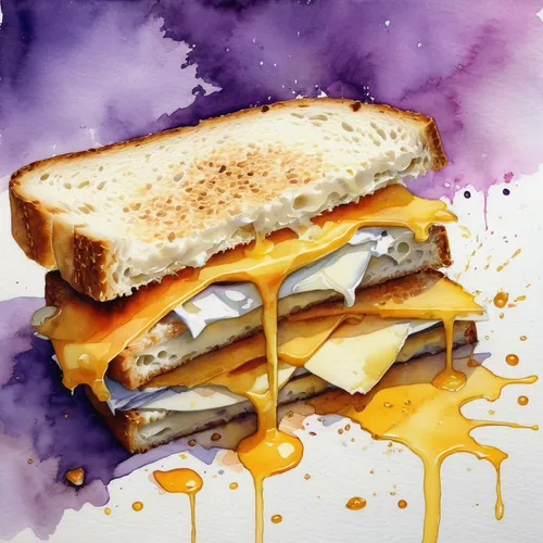 Um sanduíche de queijo, espatifado no chão. Aquarela splash,grilled cheese,breakfast sandwich,patty melt,egg sandwich,peanut butter and jelly sandwich,melt sandwich,peanut butter and jelly,cheese slic