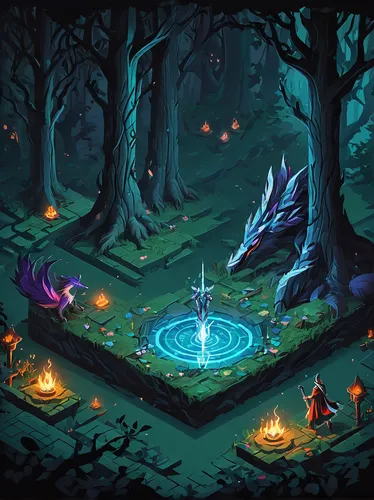 druid grove,fairy forest,wishing well,elven forest,fairy world,fairy village,forest glade,enchanted forest,game illustration,crescent spring,cauldron,devilwood,campsite,water spring,mountain spring,fairy lanterns,summoner,haunted forest,fountain of the moor,druids,Unique,3D,Isometric