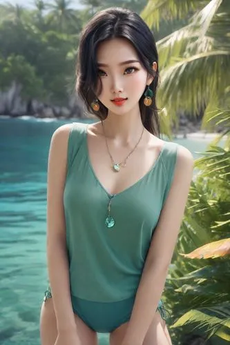 realistic rich colors, tropical forest, early morning, ocean, blue sky, tropical island, very beautiful charming Chinese woman in a beautiful green-blue top, decorated with jewelry and swimming trunks