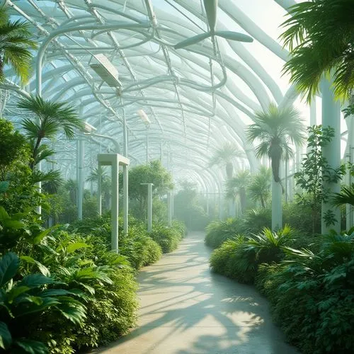 Futuristic greenhouse, curved glass surfaces, hydroponic systems, lush greenery, vibrant tropical plants, misting irrigation, solar panels, wind turbines, sustainable energy harvesting, recycled mater