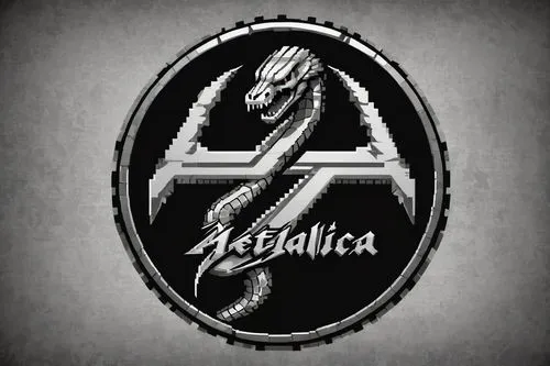 Heavy metal band, Metallica logo, aggressive bold font, gothic letters, M shape, snake coiled around, razor-sharp edges, metallic silver color, dark grey outline, worn-out texture, distressed effect, 