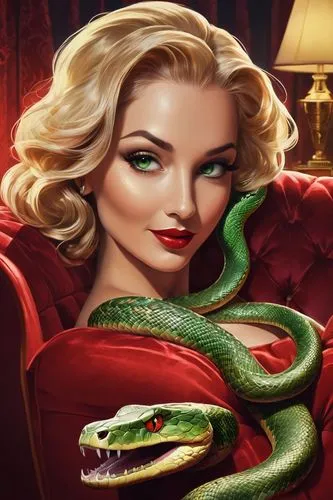 Snake with human face, anthropomorphic, scaly skin, sharp teeth, green eyes, blonde hair, red lips, seductive smile, coiled body, lying on a velvet couch, luxurious room, dim lighting, soft focus, war