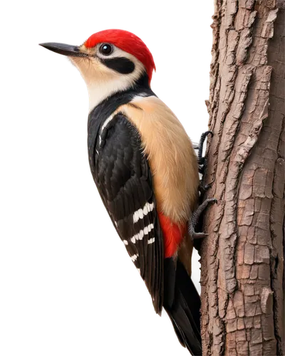 Woodpecker, perched on tree trunk, bright red cap, black back, white belly, strong beak, vibrant eyes, wooden texture, natural habitat, morning light, shallow depth of field, warm color tone, cinemati