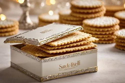 Luxurious Puttin Ritz Cracker, golden brown crackers, delicate crumbs, creamy white filling, ornate decorative box, silver foil wrapping, luxurious dessert table setting, soft focus background, warm a