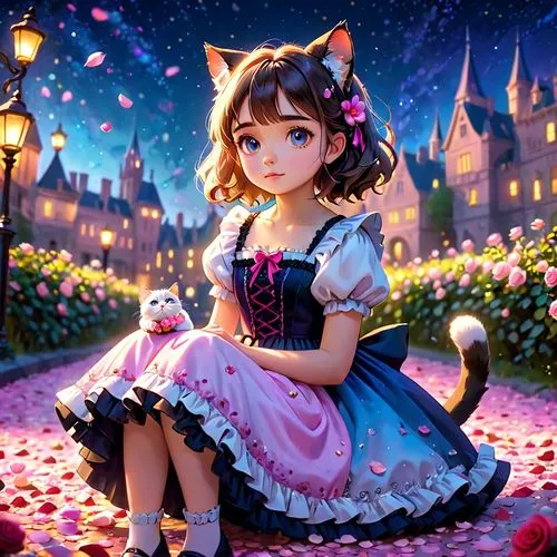 A young girl with cat ears and a tail, wearing a frilly dress, sits amidst scattered pink petals and roses. She holds a small flower in her hand, looking up at it with a curious expression. The backgr