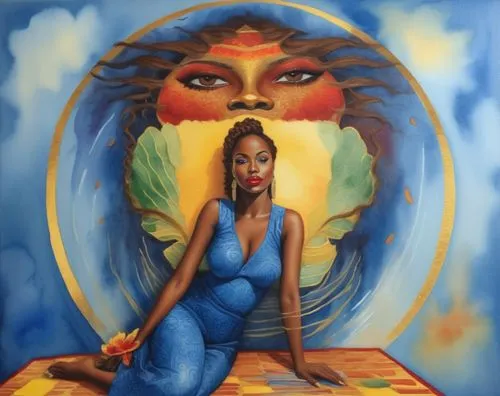 Beautiful nigerian girl, full dark curly hair, big dark almond eyes, full red lips, misty sky,a woman in blue sitting on the ground,oshun,african art,nephthys,baoshun,african woman,obatala,Illustratio