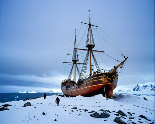 The scientists in Antarctica find an old sailing ship partially buried in the snow, the snowstorm is still blowing in the background.,viking ship,full-rigged ship,antarctic,hurtigruten,caravel,tallshi