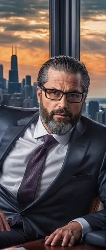 Anthony Michael, mature man, 40s, beard, glasses, dark hair, suit, white shirt, tie, sitting, Chicago, luxurious interior design office, wooden desk, leather chair, modern lamp, cityscape view, skyscr