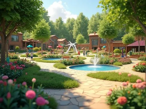 3d render,nature garden,3d rendered,resort,sylvania,flower garden,streamwood,render,summer cottage,3d rendering,ecovillage,garden of plants,landscaping,aurora village,golf resort,idyllic,ecovillages,spring garden,landscaped,netherwood,Photography,General,Realistic