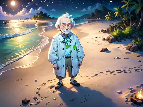 old man white clothes,cartoon,on beach lost island at night,santa claus at beach,christmas on beach,father frost,the beach pearl,monkey island,father christmas,claus,the night of kupala,elderly man,sc