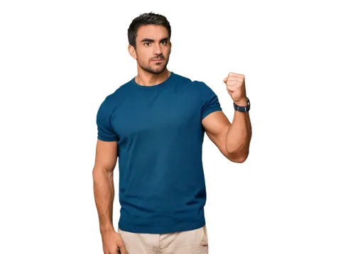 Standing man, strong physique, broad shoulders, muscular arms, clenched fists, athletic body, rugged facial features, messy short hair, bold eyebrows, prominent nose, serious expression, subtle shadin