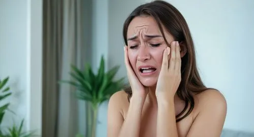 woman crying and not wearing clothes,a young woman holding her hands in front of her face,bruxism,depressed woman,stressed woman,premenstrual,praying woman,woman praying