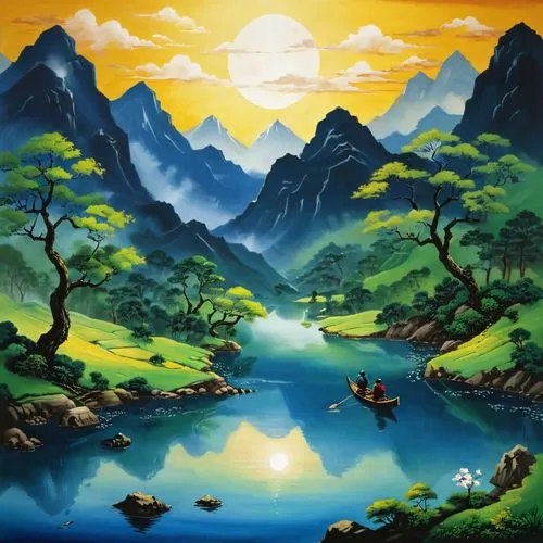 landscape background,mountain landscape,mountainous landscape,mountain scene,fantasy landscape,alpine landscape,river landscape,nature background,nature landscape,an island far away landscape,cartoon video game background,paisaje,khokhloma painting,high landscape,huanglong,haicang,forest landscape,guizhou,rongfeng,mountain range,Illustration,Japanese style,Japanese Style 17