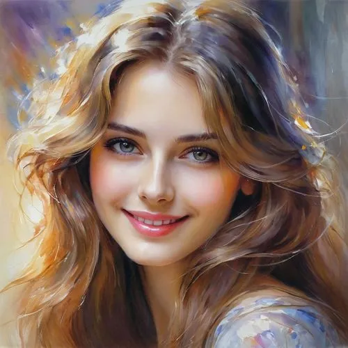 beautiful young woman, sparkling eyes, long hair, enigmatic smile, coy,donsky,girl portrait,romantic portrait,photo painting,oil painting,young woman,evgenia,art painting,world digital painting,lovine