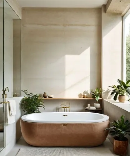 a bathroom with a large bathtub in front of a window,modern minimalist bathroom,bathtub,luxury bathroom,tub,bath room,bathtubs,Photography,General,Realistic