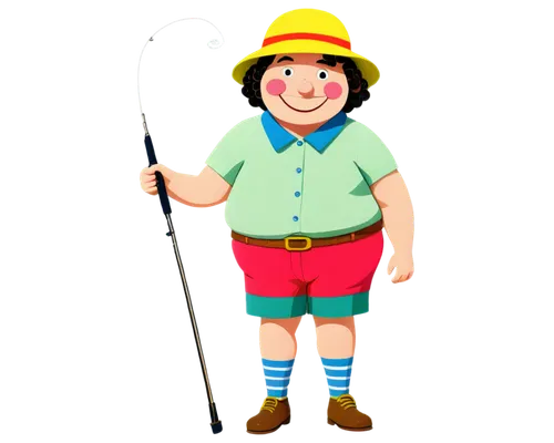 Fat worm, cartoon style, round body, bright pink skin, big smiling face, small beady eyes, tiny nose, curly eyebrows, green hat with yellow band, white shirt with blue collar, red shorts with white be