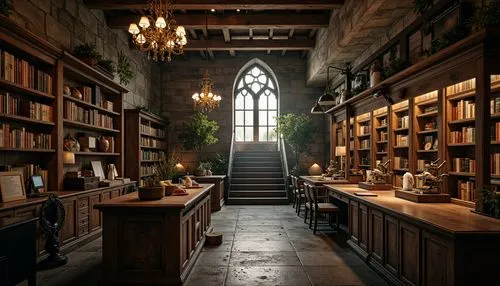 Rustic laboratory, distressed wood surfaces, worn stone walls, vintage scientific equipment, antique microscopes, ornate metal fixtures, soft warm lighting, mysterious shadows, dramatic archways, gran