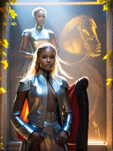 at random,black panthergirl wearing leather clothes, with two other woman in background,blige,ororo,afrofuturism,damita,letoya,videophone,Photography,Fashion Photography,Fashion Photography 13