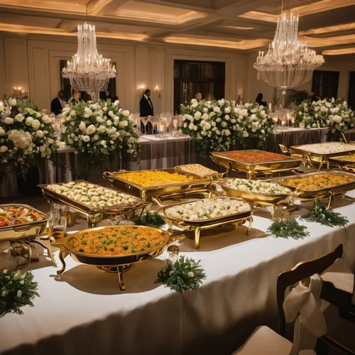 Picture an elegant wedding reception with a golden chafing dish holding delectable hors d'oeuvres.,wedding banquet,buffet,catering service bern,catering,exclusive banquet,long table,breakfast buffet,t