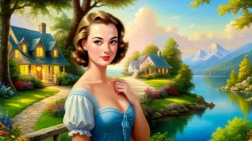 maureen o'hara - female,landscape background,fantasy picture,gwtw,girl on the river,dorthy,fairy tale character,world digital painting,art painting,a charming woman,belle,woman with ice-cream,photo painting,fantasy art,housemaid,ninfa,dorothy,ressam,children's background,southern belle