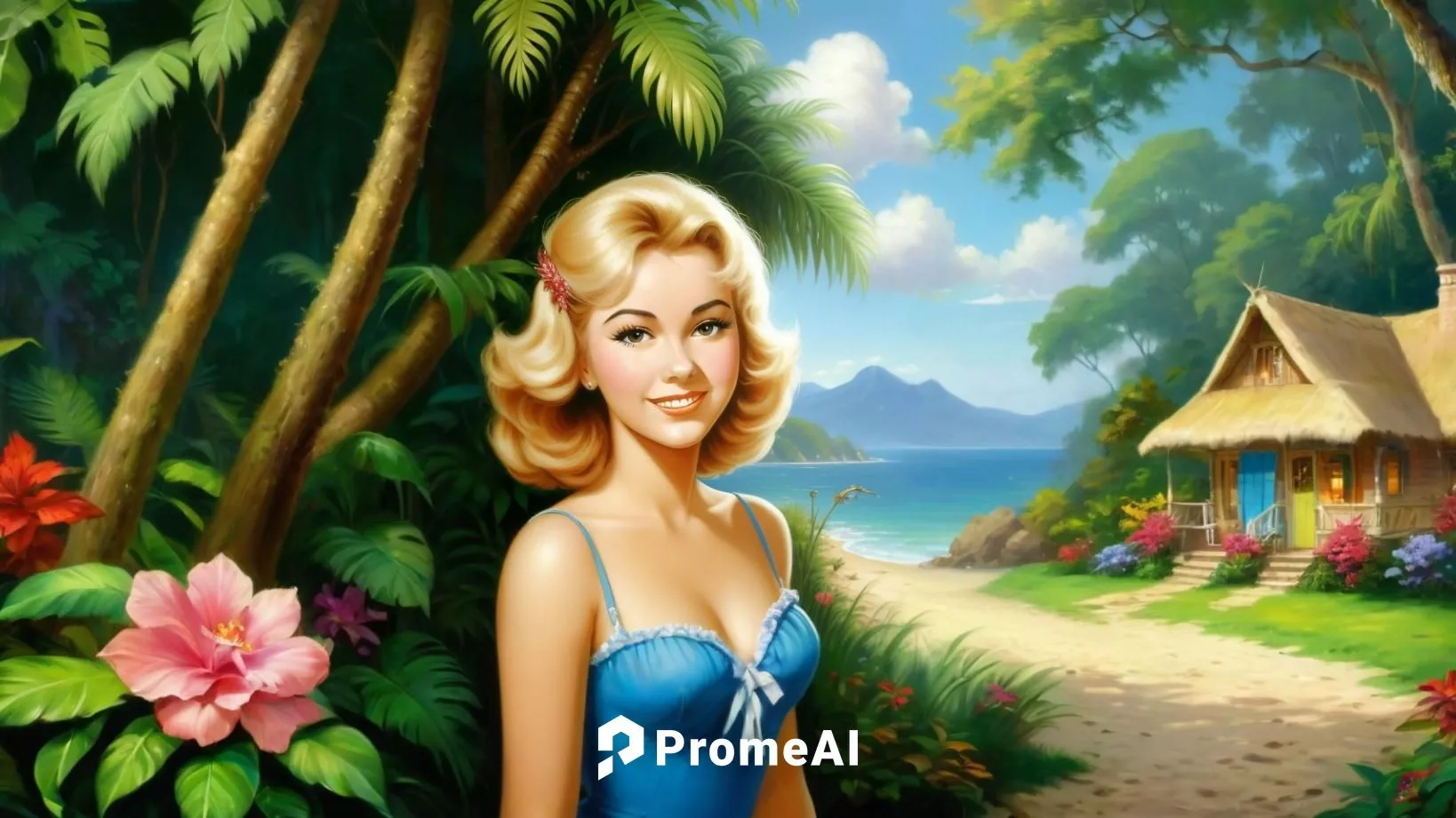 Romantic masterpiece oil painting, cute girl portrait, nostalgic 1950's style kitsch, vibrant rainforest cottage landscape, lush tropical jungle paradise, summer beach scenery, by Thomas Kinkade, by B