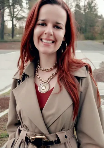 Woman with dark brown eyes, long red hair,maci,killer smile,a girl's smile,redhair,brittany,red hair,clary,red coat,necklace,a smile,dimple,lindsey stirling,redheaded,smiley girl,cinnamon girl,smiling