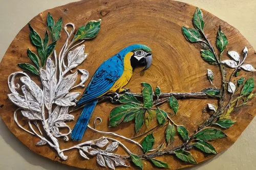 decoration bird,floral and bird frame,an ornamental bird,bird painting,ornamental bird,decorative plate,decorative fan,blue and gold macaw,guacamaya,wood carving,wooden plate,rosella,decorative art,wood art,blue parrot,floral ornament,blue macaw,tropical bird climber,patterned wood decoration,circular ornament,Conceptual Art,Graffiti Art,Graffiti Art 03