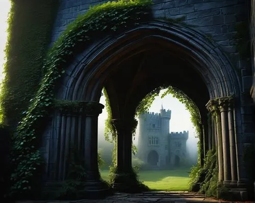 Ancient, mysterious, stone keystone, ornate carvings, intricate patterns, grand entrance, medieval castle, Gothic style, arches, columns, stained glass windows, morning sunlight, foggy atmosphere, mis