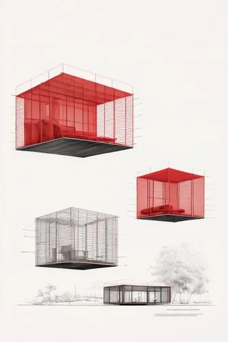 future social pods minimalist architecture in Puerto Rico made with red pale metal mesh biomimicry volume,cubic house,cube stilt houses,frame house,archidaily,glass facade,cube house,school design,kir