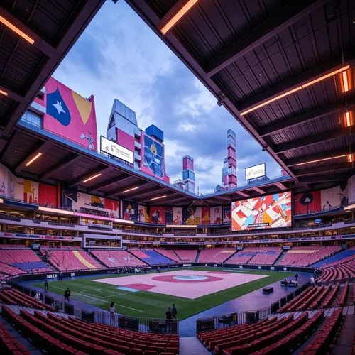 Vibrant stadium interior, postmodernist architecture, bold color palette, neon lights, geometric shapes, eclectic patterns, abstract murals, dynamic curves, irregular forms, fragmented structures, cla